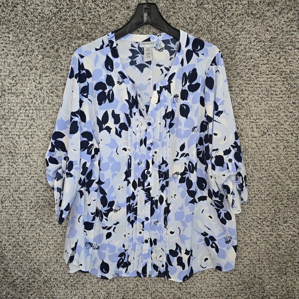 Catherines Top Womens Petite Plus 2XWP Blue Floral Print Pintuck Blouse Sheer
